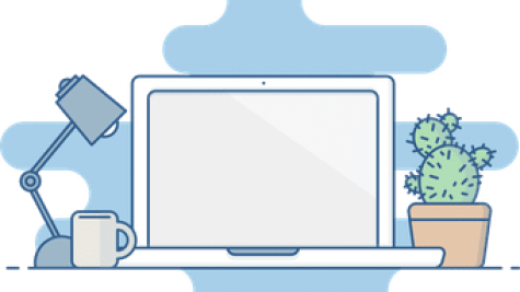 A laptop positioned in between a lamp, mug, and a cactus