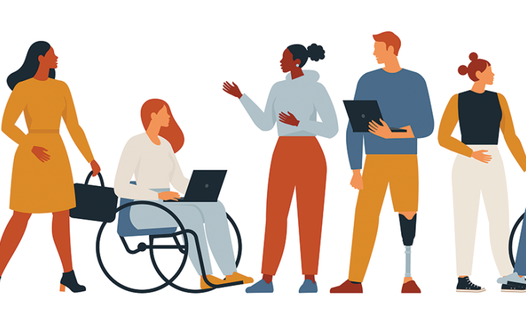 Colourful graphic with people of differing abilities chatting with each other