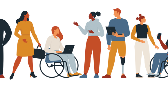 Colourful graphic with people of differing abilities chatting with each other